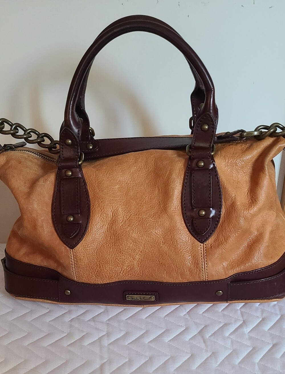 Nicole Miller Tan and Dark Brown Leather Satchel Handbag